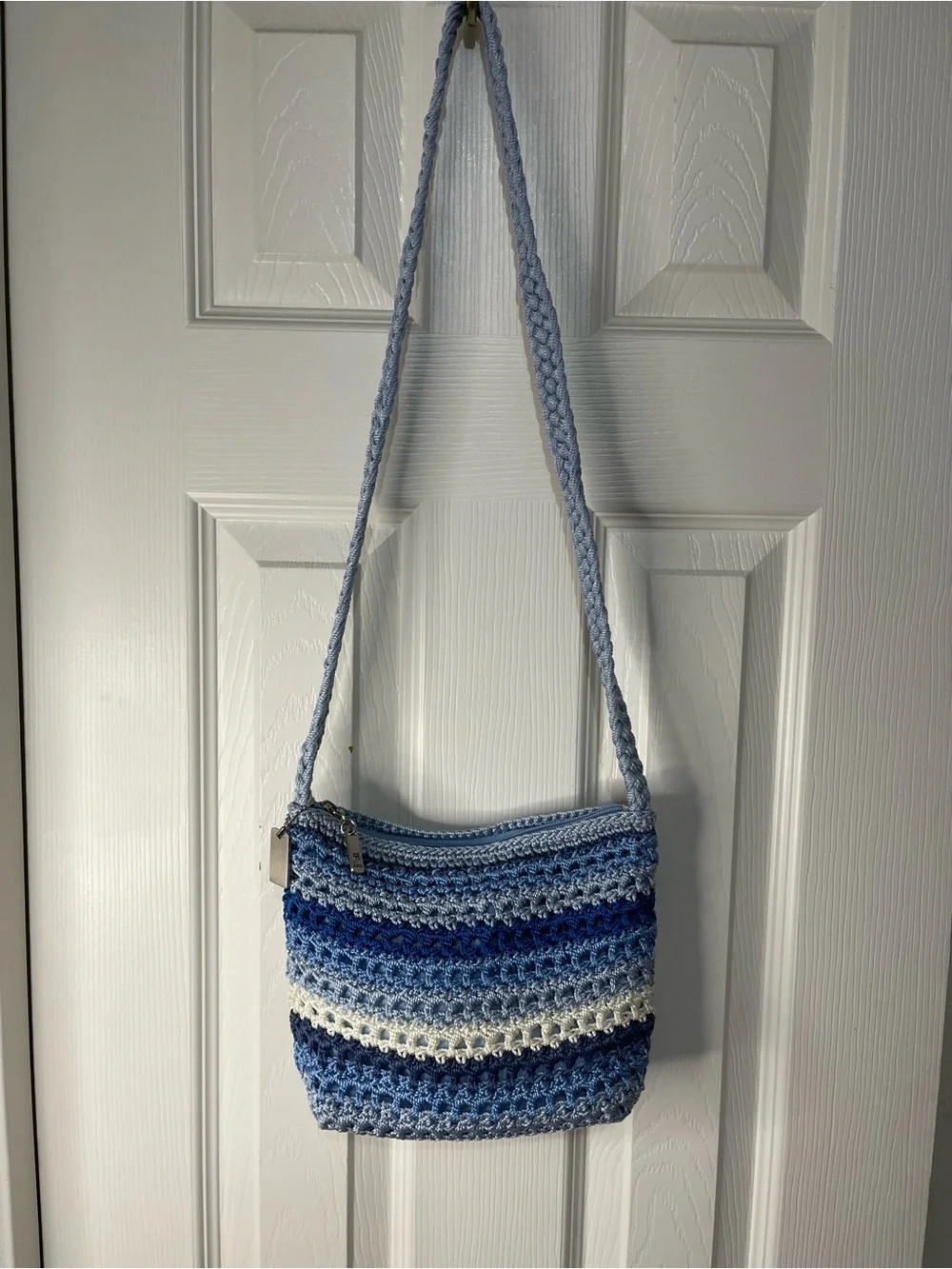 LINA Crochet Knit Shoulder Bag Purse blue White Stripe Boho Braided Strap - Picture 1 of 5
